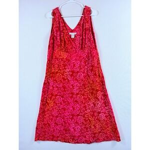 Nomadic Traders Batik Midi Dress Womens Large Red Pink Rayon Tropical Exotic